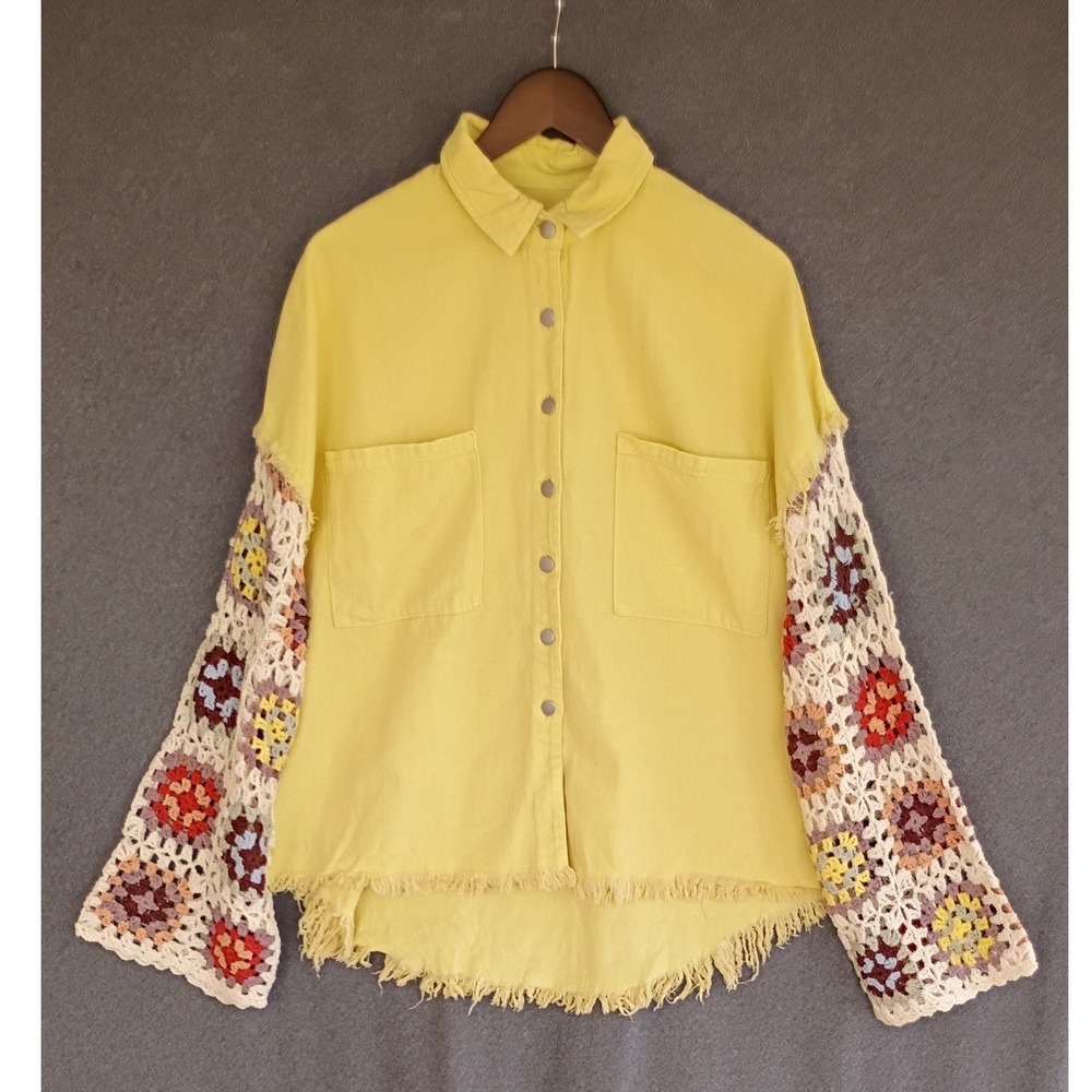 POL Yellow Twill Shacket Jacket Granny Square Crochet Sleeves M Utility Boho